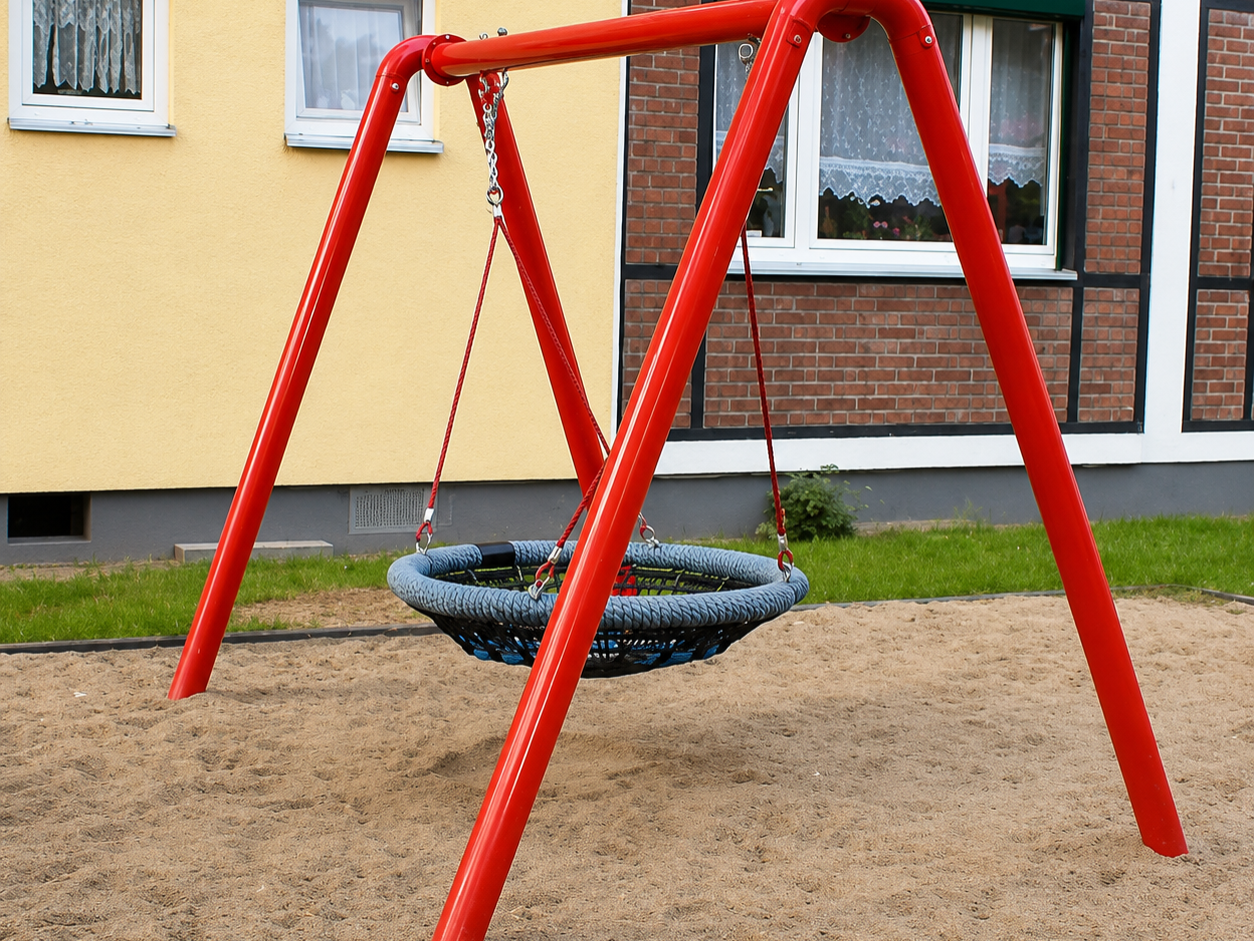 Ein orangefarbener Schaukelrahmen auf einem Spielplatz vor einem Gebäude.